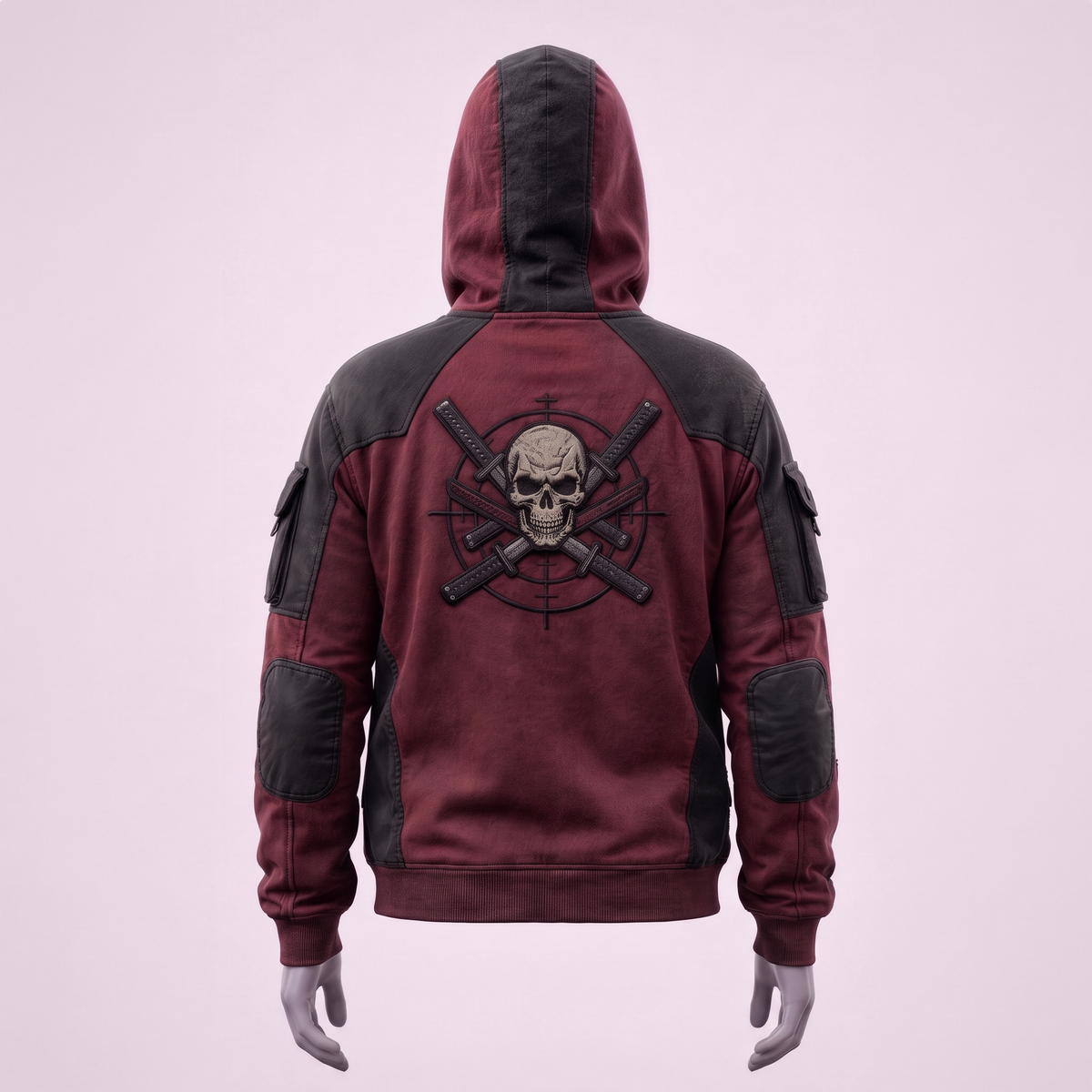 The Pool Hoodie back view with skull and katanas emblem