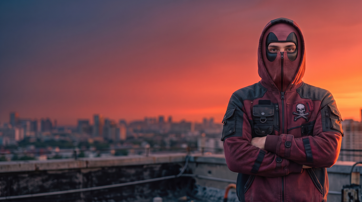 Man in The Pool Hoodie fully zipped on a rooftop at sunset