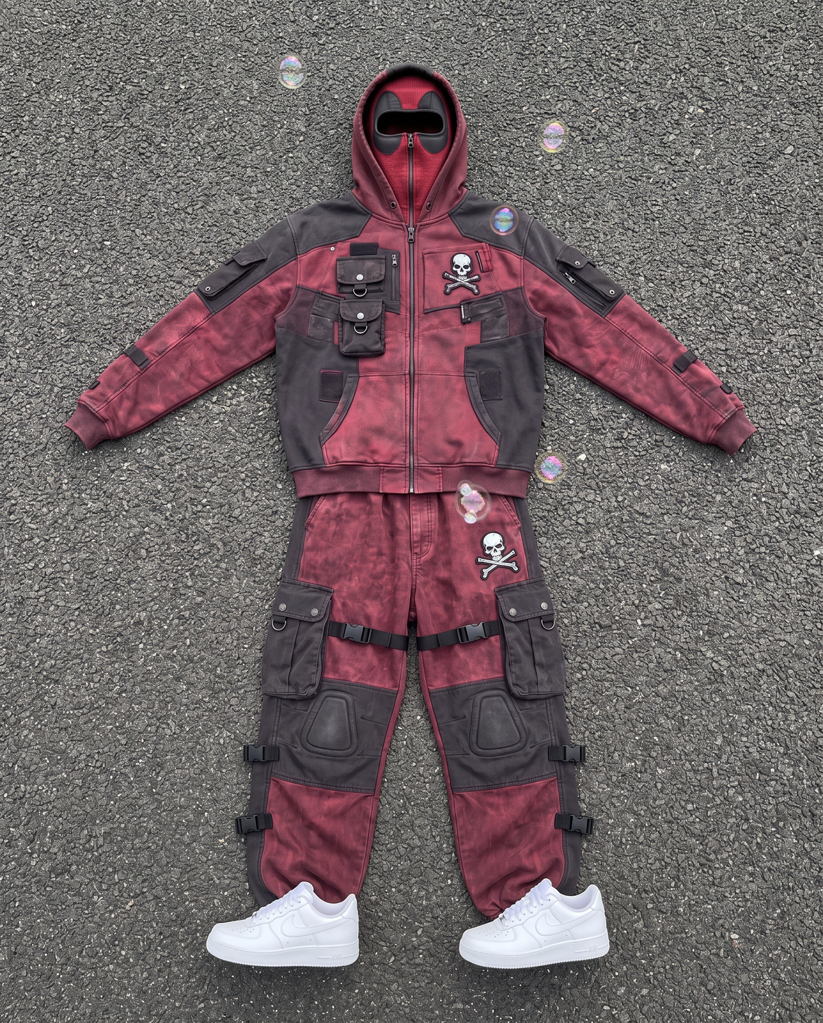 Hoodie and cargo pants flat lay