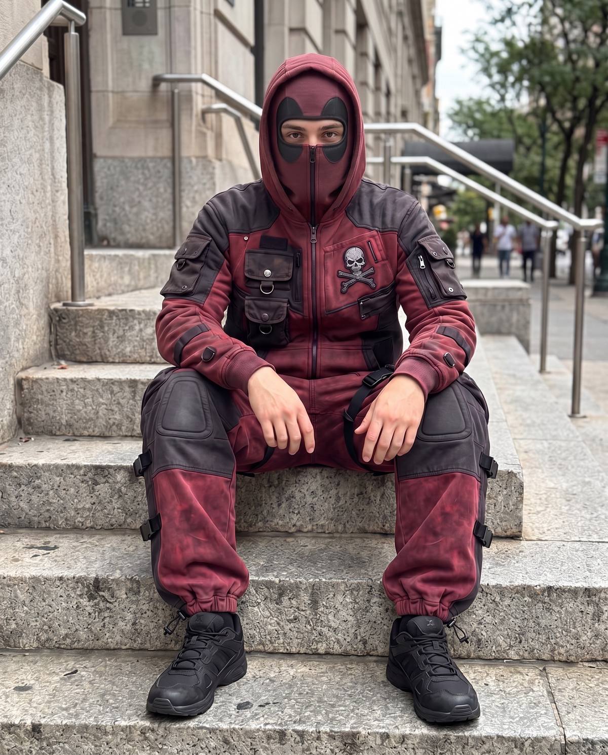 Man in the full set sitting on steps