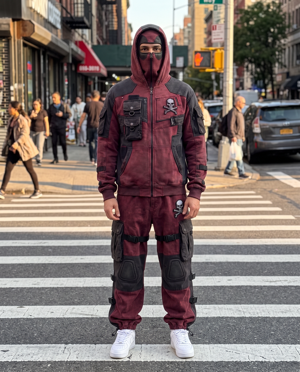 Man in the full set, fully zipped, on a city crosswalk