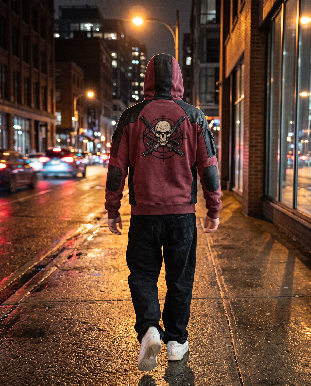 Customer walking at night, back emblem visible